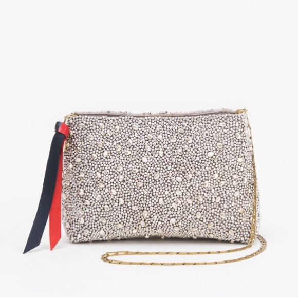 Clare V Handbags - Clare V. Estelle Silver Beaded Glitter Clutch NWT